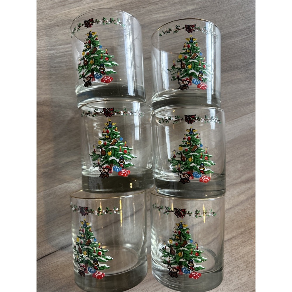 Vintage Set of  6 Holiday Low Ball Glasses Christmas Tree & Gifts Gold rimmed
